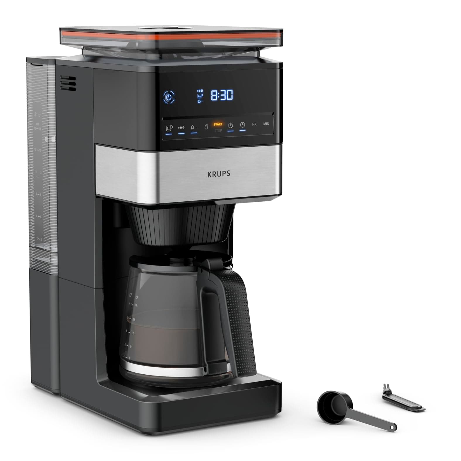 Krups Grind Aroma XL KM842810 Coffee Maker, Removable Conical Grinder, Digital Control Panel, XL Capacity (1.5 L), Keep Warm Function, Glass Jug, Black/Stainless Steel