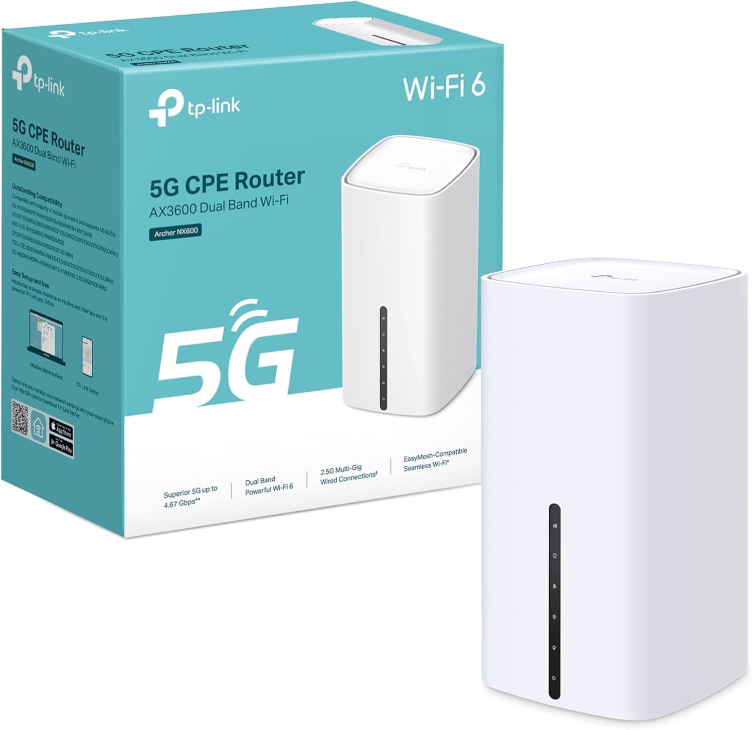 TP-Link TP-Link Archer NX600 5G LTE Wi-Fi Router, 5G SIM Card, AX3600 Dual Band Wi-Fi 6, 1 x 2.5G + 2 x 1G Ports, Web & App Management, Plug and Play