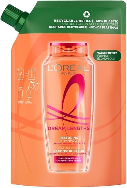 L'ORÉAL PARIS Elseve Dream Long Eco-Refill Shampoo for Long and Damaged Hair Enriched with Vegetable Keratin and Castor Oil - Elseve Dream Long - 500 ml - Image 1