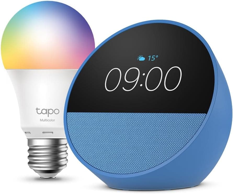 Echo Spot | Bleu + Tapo L530EA ampoule connectée LED (E27), Fonctionne avec Alexa - Kit de démarrage Maison connectée