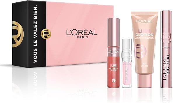 L'Oréal Paris - Natural Glow Makeup Set - 4 products - Big Deal Mascara, Lumi Glotion Highlighter, Liquid Lumi Blush, Plump Ambition Gloss with Hyaluronic Acid - Image 1