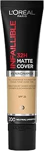 L'Oréal Paris Infallible Matte Cover Foundation 24 Hour 200 Golden Sand Sweat, Heat, Transfer & Water Resistant, SPF 18, 30 ml