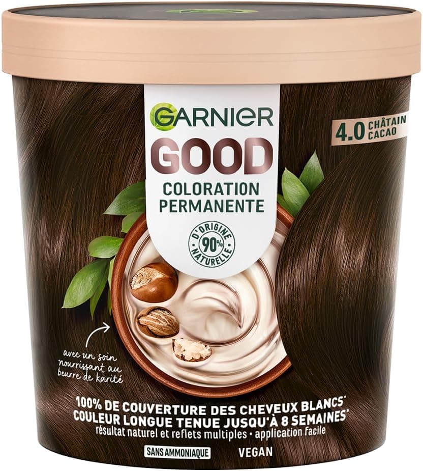 Garnier - Coloration Permanente - Sans Ammoniaque - 90% d'Ingrédients d'Origine Naturelle et Formule Vegan - Beurre de Karité - 100% Couverture Cheveux Blancs - Châtain Cacao (4.0) - Good - Image 1