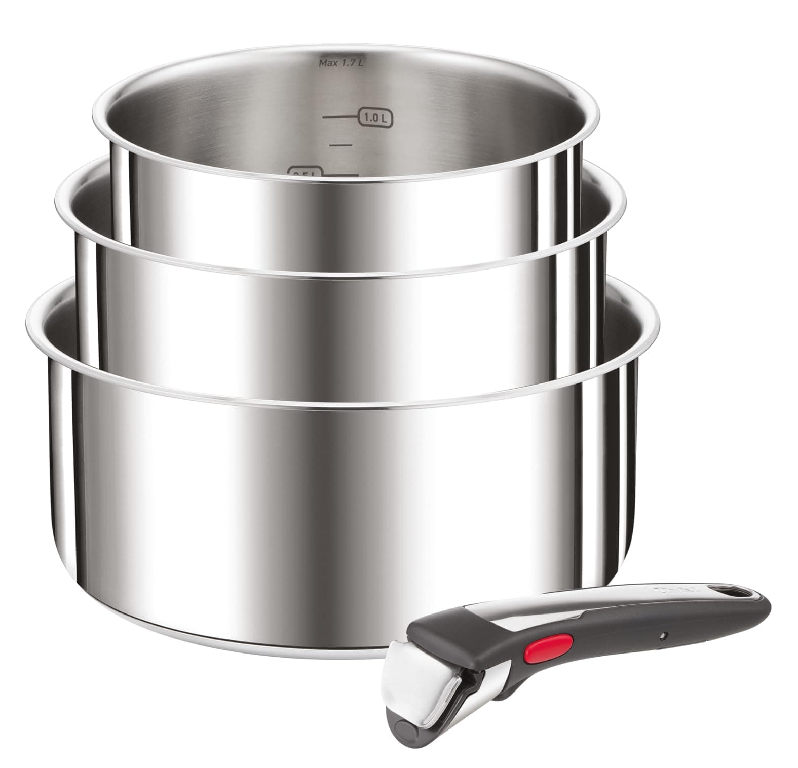 Tefal Tefal Ingenio Set of 4 Pans 16/18/20 cm + 1 Removable Handle, Induction, Stainless Steel, Stackable, Space-Saving, Preference On L898S334