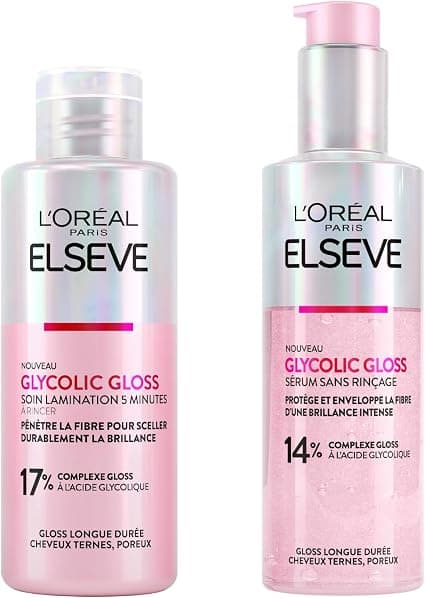 L'Oréal Paris Elvive Glycolic Gloss Rinse-Free Serum for Porous and Dull Hair 150 ml Intensive and Long-Lasting Shine + Glycolic Acid Laminating Treatment in 5 Minutes 200 ml – 2 Bottles - Image 1