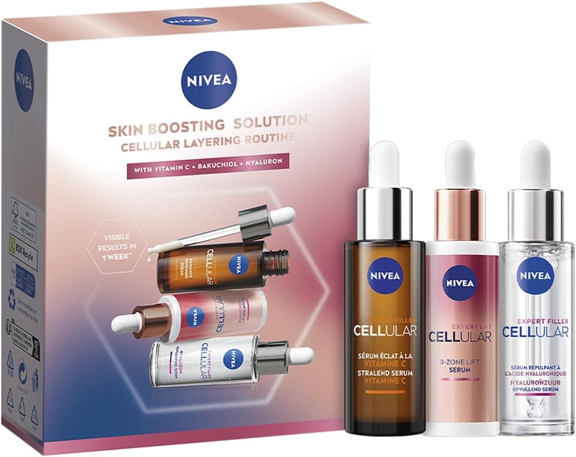 NIVEA - Coffret Routine Sérum Layering Soin Visage Anti-Âge Cellular Expert - Trio de Sérums : 3 Zones + Acide Hyaluronique + Vitamine C - Tous Types de Peaux - 3 x 30 ml - Image 1