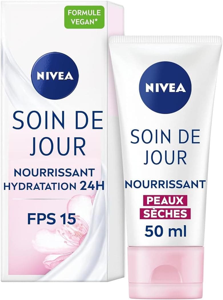 NIVEA Soin De Jour 24H Hydratant Nourrissant FPS15 (2 x 50 ml), crème hydratante visage enrichie en beurre de karité, soin visage femme pour peaux sèches - Image 1