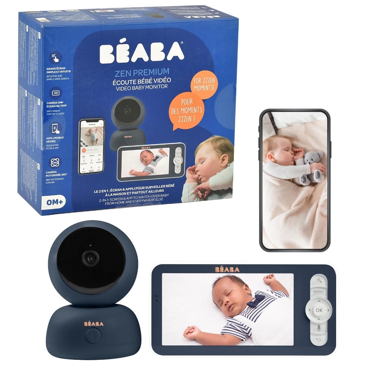 BÉABA, Baby Monitor, 2-in-1 Video Monitor/Dedicated Mobile App, HD Camera, 360° Rotation, Night Vision, Walkie Talkie, Lullabies, Temperature/Humidity Control, Zen Premium Midnight Blue