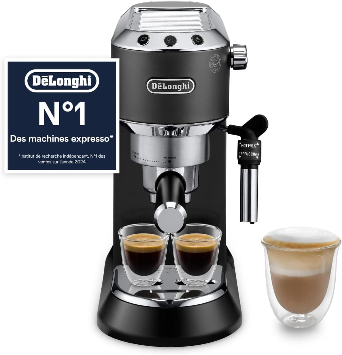 De’Longhi Dedica Style - Perfetto Machine à Expresso Compacte, Mousseur de Lait Manuel pour Expresso et Cappuccino, Compatible Dosettes ESE, Panneau de Commande à Boutons, Largeur 15cm, Noir(EC685.BK)