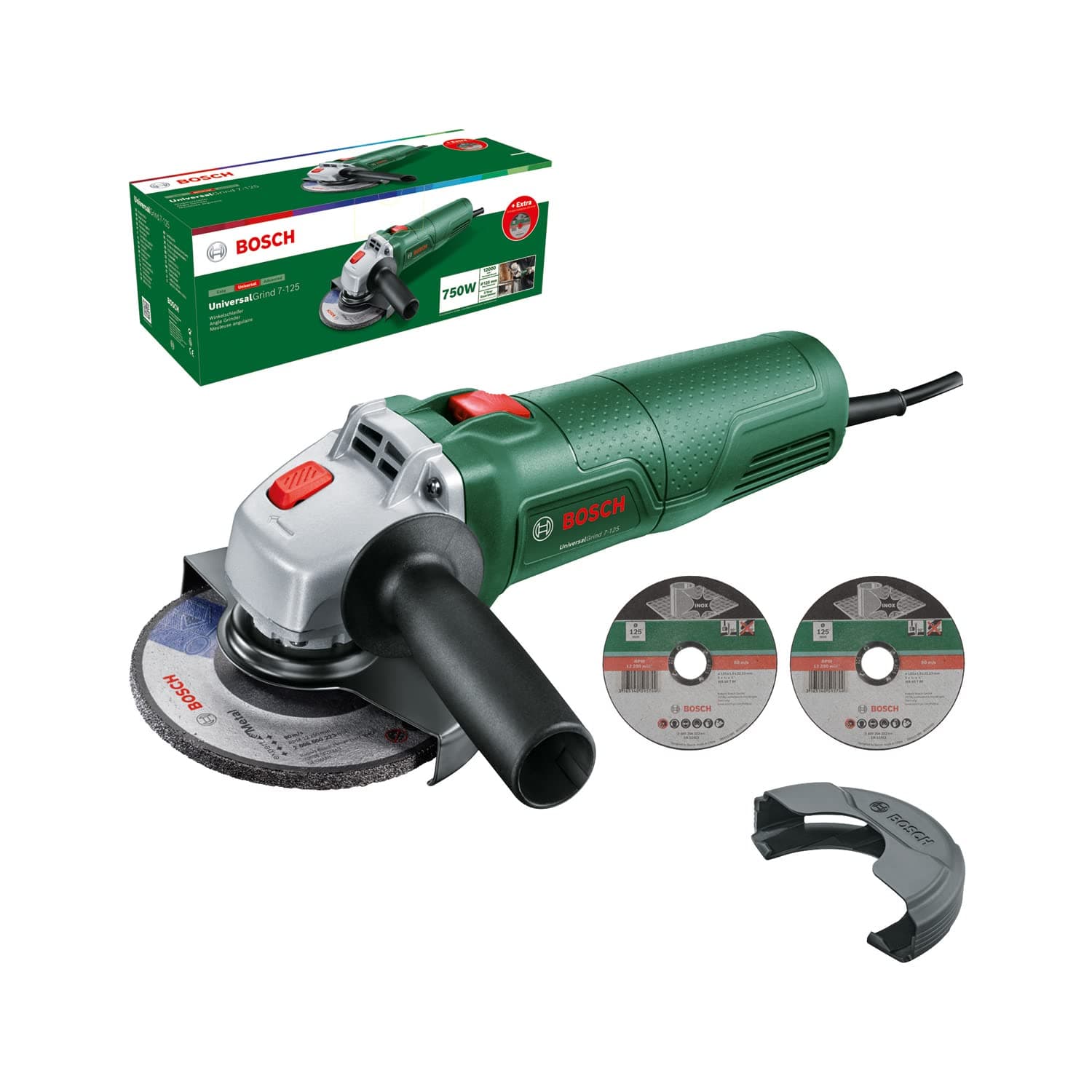 Meuleuse d’angle Bosch UniversalGrind 750-125 (livré dans un carton; 750 W ; 2 disques à tronçonner droit ; 1 disque à meuler ; pour meuler, tronçonner, brosser et poncer) – Amazon Edition