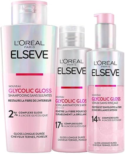 L'Oréal Paris - Protective Hair Routine for Dull Hair - Shampoo + Lamination Care + Serum Without Rinsing - Glycolic Acid - Sulfate Free - Elseve Glycolic Gloss - 3 Products - Image 1