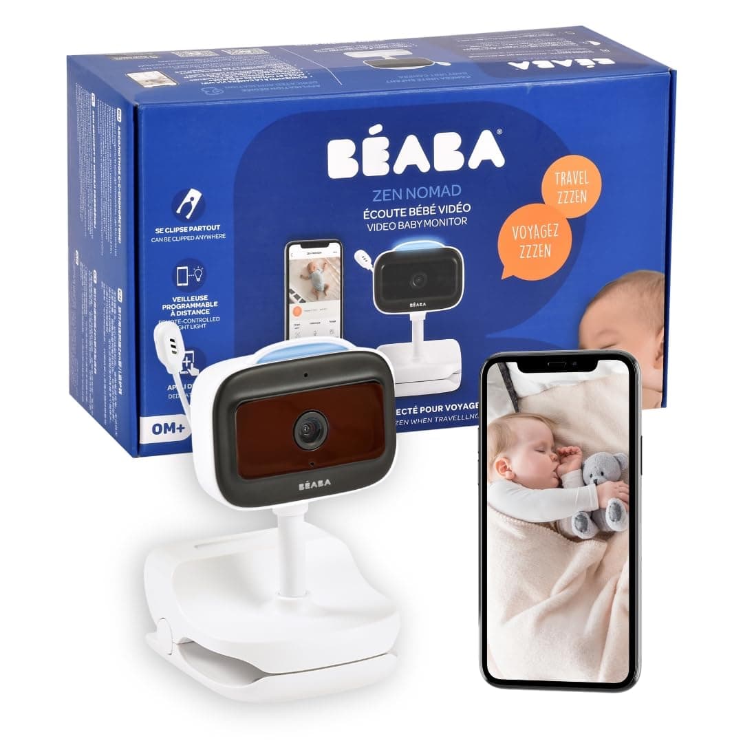 Beaba BEABA, Wireless Video Listening Baby Monitor with Clip, Nomad, Night Vision, Mobile App, Colorful Night Light, Walkie Talkie, Lullabies, Thermometer, Moisture Control, 6H Battery, Zen Nomad