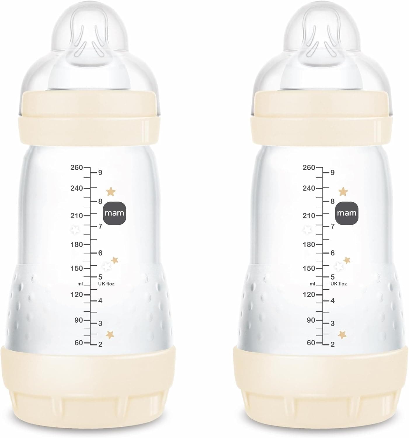 MAM Easy Start A139 – Patented Anti-Colic Bottle with Ultra-Soft Silicone Teat for Babies from 2 Months, 2 Units, Self-Sterilising in 3 Minutes, 260 Milliliters, Assorted Model