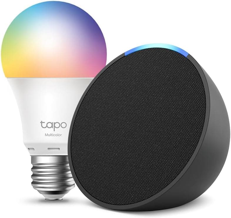 Echo Pop | Anthracite + Tapo L530EA ampoule connectée LED (E27), Fonctionne avec Alexa - Kit de démarrage Maison connectée