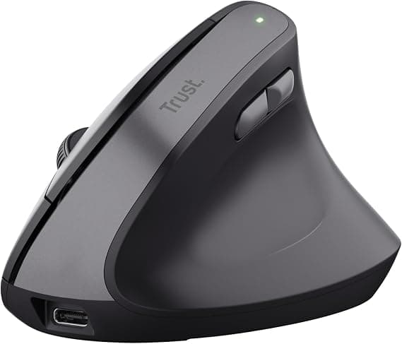 Trust Yuno Souris Ergonomique Sans Fil, Souris Verticale Rechargeable, Récepteur USB 2,4GHz, DPI Réglable (800-2400), Capteur Optique, 6 Boutons, 70% Plastique Recyclé, Macbook, Ordinateur, HP - Noir - Image 1