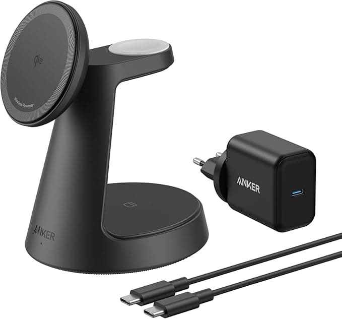 Anker MagGo iPhone 3 in 1 Induction Charger MagSafe 15W (Stand), Qi2 Certified Wireless Charger Compatible MagSafe, for iPhone 17/16/15/14, Apple Watch, AirPods Pro, and More (Adapter Included)