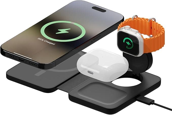 Apple Mous 3 in 1 Foldable Charger Compatible with MagSafe and Pixelsnap Induction Travel Charger for iPhone 17/16/15/14/13/12, Pixel 10, Apple Watch and AirPods
