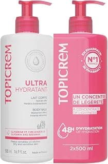 Topicrem - Ultra Hydratant Lait Corps - Hydrate 48h, Relipide, Protège la Peau - Texture Onctueuse, Odeur Délicate - Crème Hydratante pour Peaux Sensibles - Fabrication Française - 2x500 ml