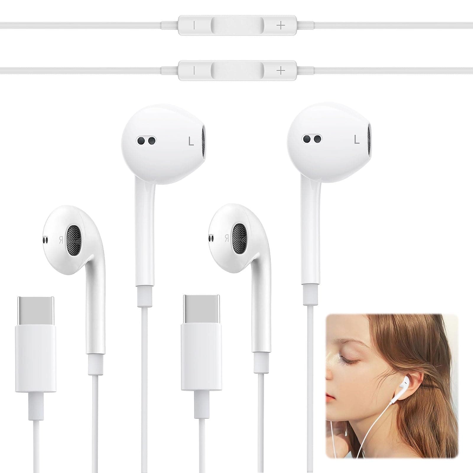 Wired Earphones for iPhone, 2 Pieces USB C Wired Earphones for Samsung Galaxy S24 S23 S22 S21 FE S20 A55 A54/for iPhone 15/for Google Pixel/Mi 11T/12/14, Audio Type C - Image 1