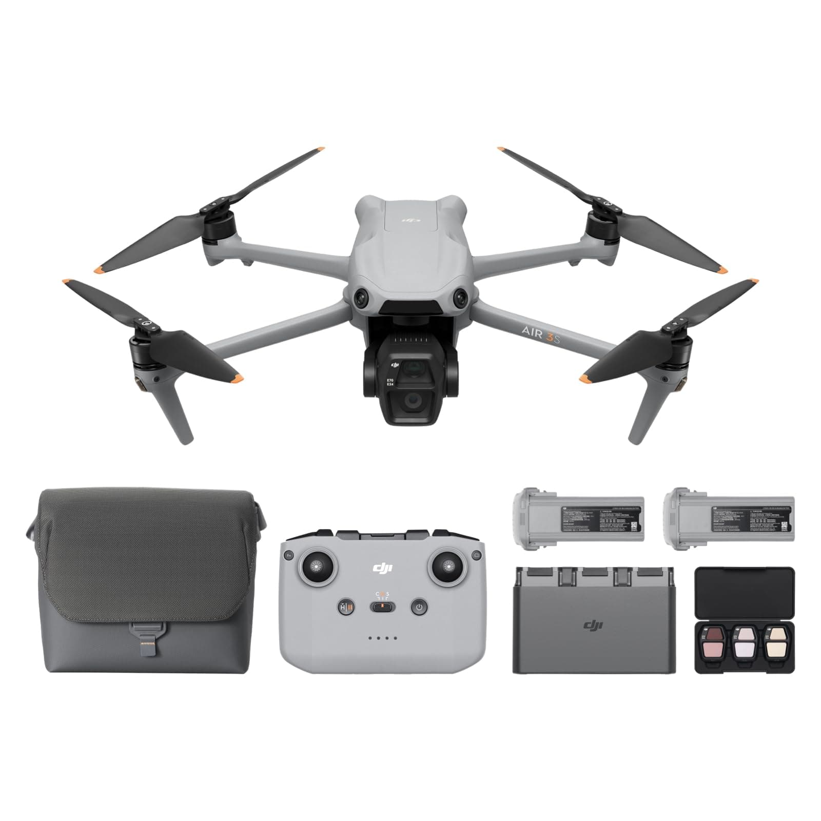 DJI Bundle Fly More DJI Air 3S (RC-N3), drone with 1" CMOS wide-angle camera & medium telecamera, 4K/60 fps HDR video, omnidir obstacle detection in night landscape & 3 batteries for extended flight