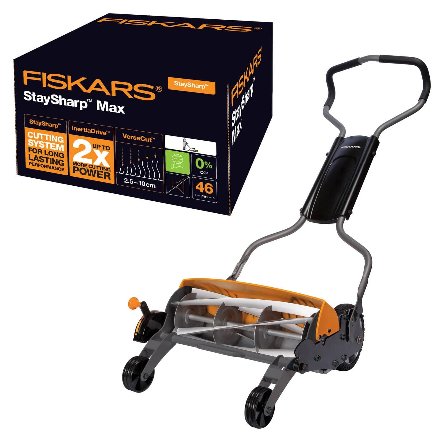 Fiskars Manual lawn mower, Cylinder mower with blade friction free cutting system, Cutting width: 46 cm, Black/Orange/Silver, StaySharp Max, 1000591