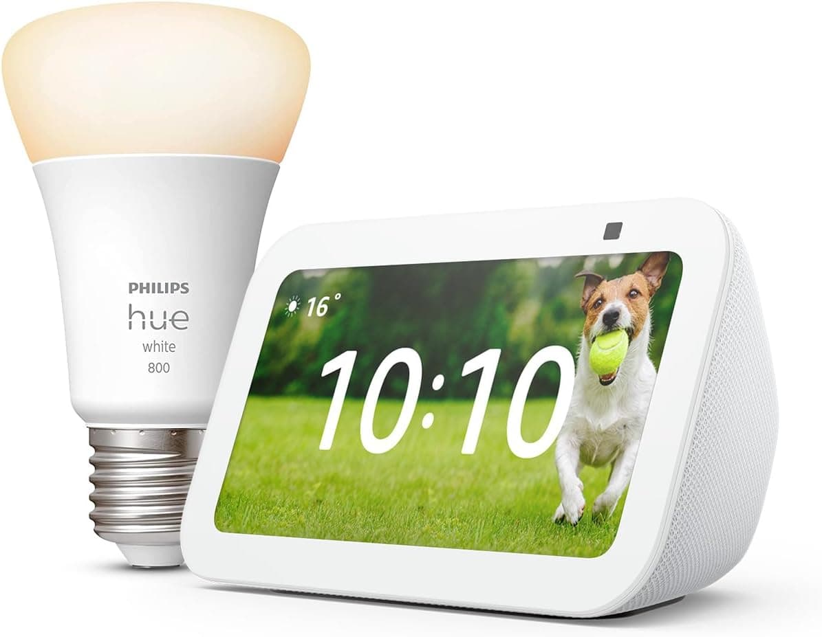 Echo Show 5 (3e génération) | Blanc + Philips Hue White ampoule connectée (E27), Fonctionne avec Alexa - Kit de démarrage Maison connectée