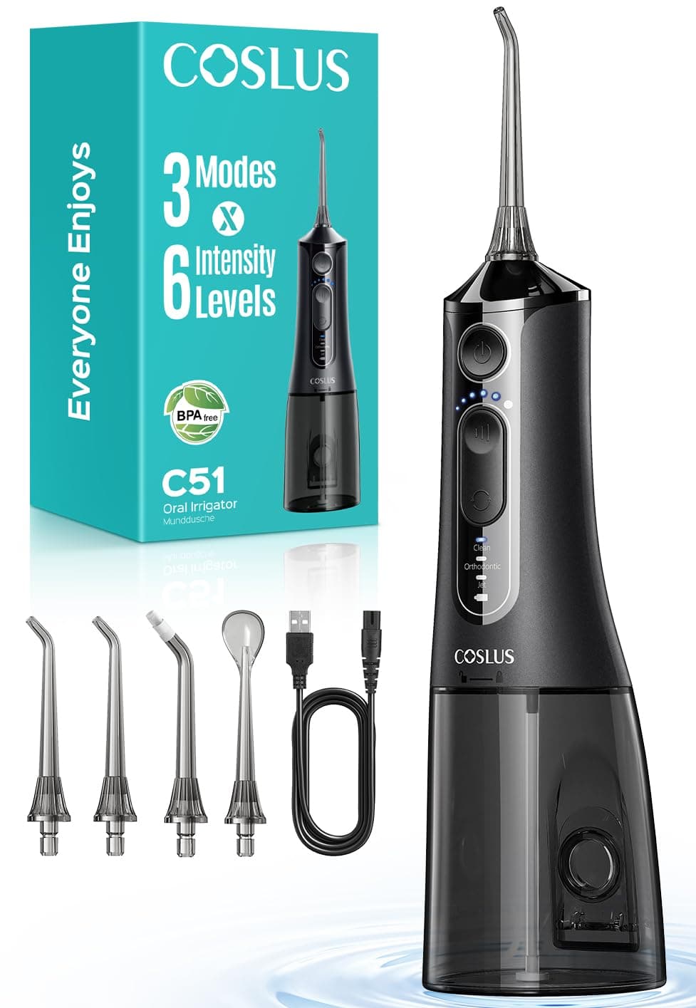 GUM COSLUS Oral Irrigator Dental Jet Irrigator: 3 Modes & 18 Levels, Dental Spike Water for Orthodontics, Dental Appliance, Sensitive Gums, Compact for Travel, Family Use, Glossy Black, C51