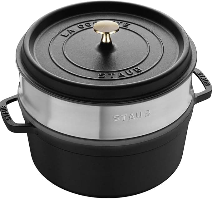 Staub STAUB Cast Iron Round Casserole Dish with Steamer 24cm Black