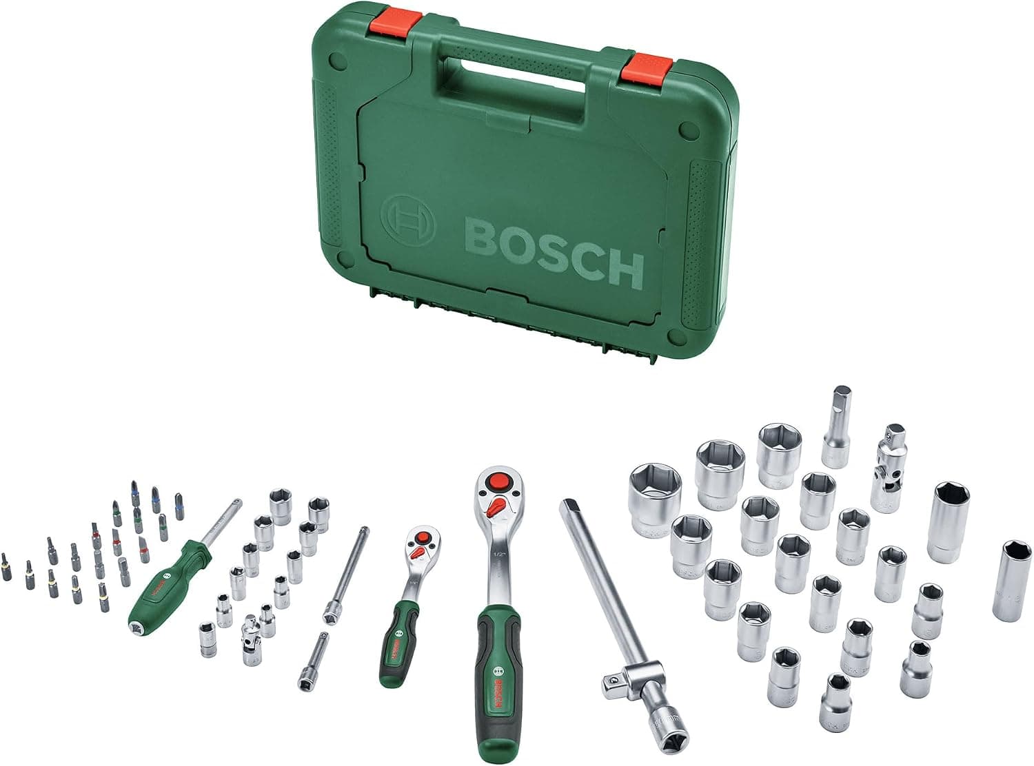 Bosch Set de 57 cliquets 1/4" + 1/2" (pour divers bricolages ; 55 accessoires ; couple élevé ; bouton de verr. ; inverseur ; manche courbé ; Softgrip ; coffret de transport) - Image 1