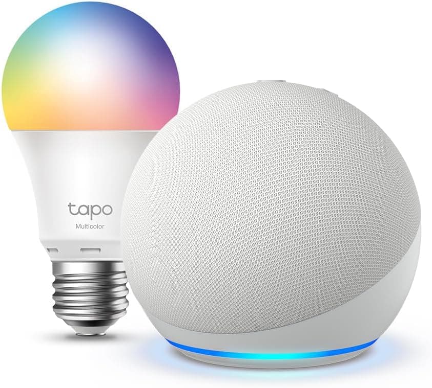 Echo Dot (5e génération) | Blanc + Tapo L530EA ampoule connectée LED (E27), Fonctionne avec Alexa - Kit de démarrage Maison connectée