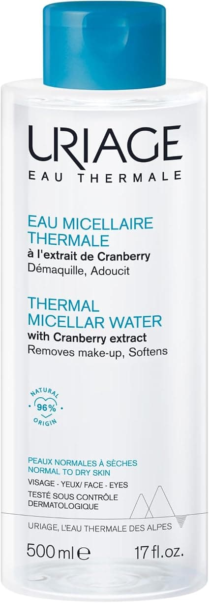 Uriage Thermal Micellar Water - Normal to Dry Skin - Face & Eyes - 3-in-1: Cleans, Removes Makeups and Soothes - Without Rinsing - Fruity and Floral Fragrance - 96% Natural Origin Ingredients - 500 ml - Image 1
