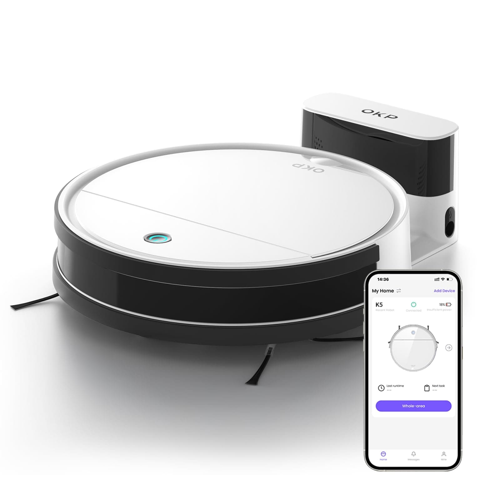 OKP K5 Robot Vacuum Cleaner, 2500 Pa, 120 Min, Self-Recharge, Programmable with 3 Power Modes, Auto Return to Station, Quiet, Wi-FI/Alexa/App, Suitable for Hard Floors, Pet Hair and Carpet