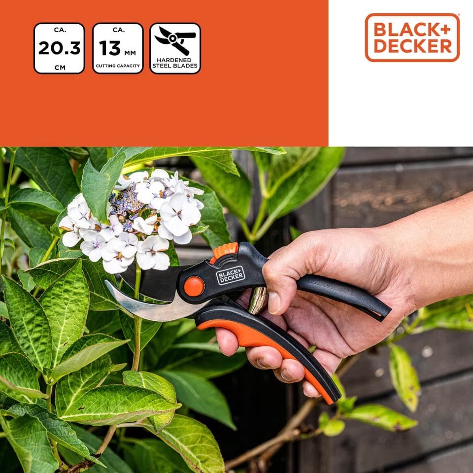 BLACK+DECKER Garden Shears - Wood Scissors - Garden Secator with Hardened Steel Blades - Branches with a Diameter of 13 mm - Size 20.3 cm - Steel - Black/Orange - Image 5