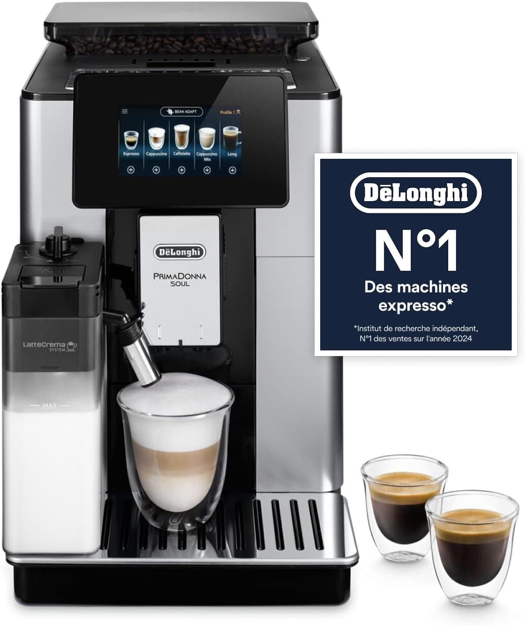 De’Longhi PrimaDonna Soul - Perfetto Machine à Café Automatique avec LatteCrema Mousseur à Lait Automatique, 18 Boissons en une Seule Touche, Écran Full-Touch, Argent et Noir (ECAM612.55.SB)