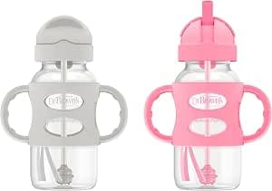 Dr. Brown's 2 Pack Wide Neck Straw Bottle with Silicone Handles, Grey & Pink, 270ml
