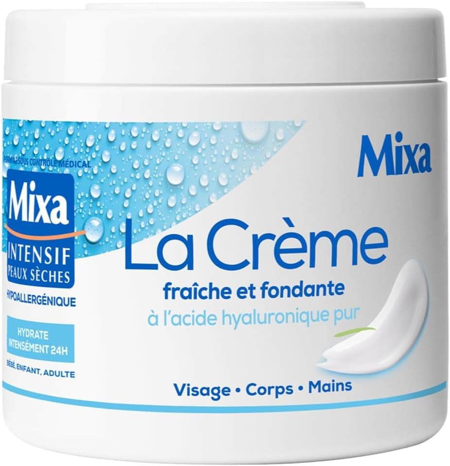 Mixa Intensif Peaux Sèches - La Crème Fraîche et Fondante à l’Acide Hyaluronique Pur - Multi Usages Visage, Corps, Mains, Pieds - Hydratation 24h - Pénétration rapide - Hypoallergénique - 400ml