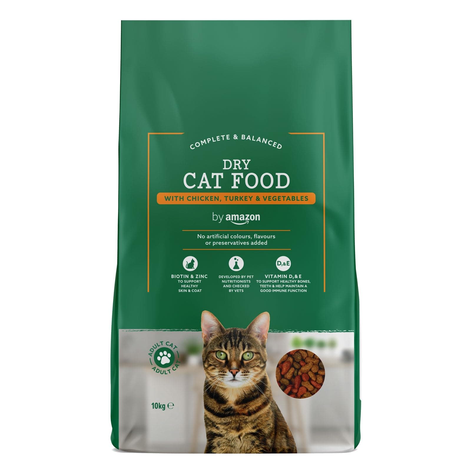 by Amazon - Croquettes complètes pour chats adultes, au poulet, dinde et légumes, 10kg, lot de 1
