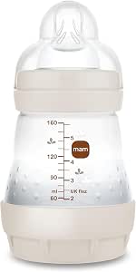 MAM Anti-Colic Baby Bottle, Newborn, 0-2 Months, 160 ml, with 1 Slow Flow Silicone Teat, Easy to Accept, Self-Sterilising and Easy Clean, Easy Start Anti-Colic, Matte Neutral, Pack of 1