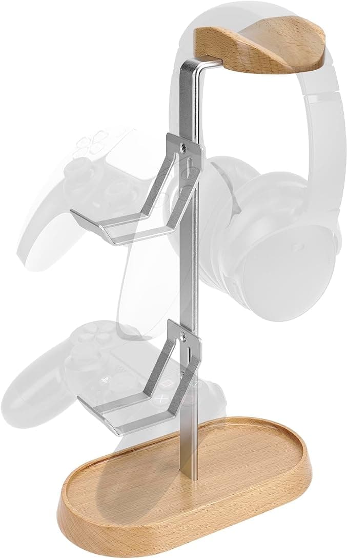 GEEKRIA 2 in 1 Headphone and Controller Stand, Wooden Aluminum Stand for PS5/PS4, Xbox One, Nintendo Switch, Compatible with Sennheiser Bose Beats Razer HyperX Sony (Beech) - Image 1