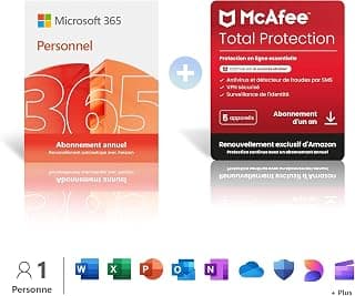 Microsoft 365 Personnel | 1 utilisateur | 12 Mois | Applications Office et stockage cloud | Renouvellement 99€ + McAfee Total Protection | Renouvellement 108,10€ | Renouvellement automatique Amazon