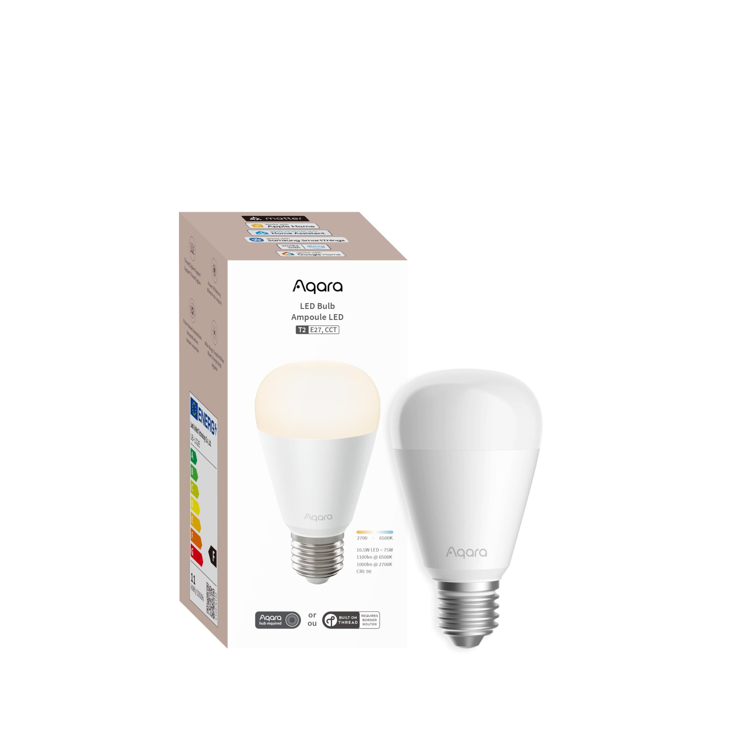 Aqara T2 LED Bulb (E27, CCT), Thread/Zigbee, Dimmable, White, 2700K-6500K, 75W Equivalent, Matter, Smart Bulb Compatible with HomeKit, Alexa, Google Home