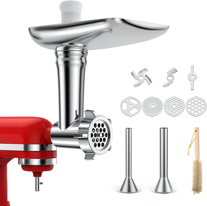 Meat Grinder for KitchenAid Stand Mixer - Food Chopper with 4 Grinding Plates, 2 Sausage Stuffing Tubes, 2 Grinding Blades - Meat Mincing Accessory by MMOBIEL