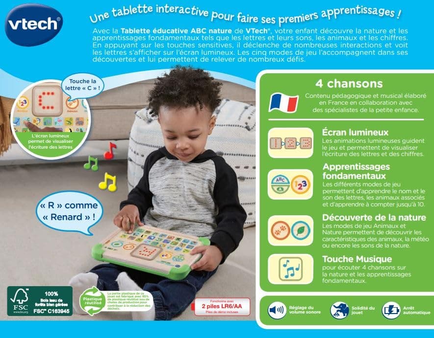 VTech - ABC Nature Educational Tablet, Partially Wooden Interactive and Sensory Children's Tablet, Alphabet Animal Learning Toy, Baby Girl and Boy Gift from 1 Year - Content in French - Image 5