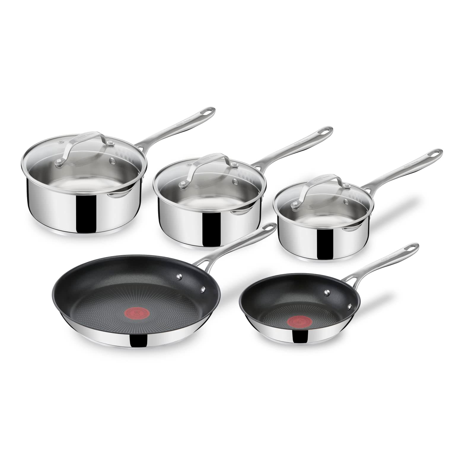 Tefal Tefal Jamie Olivers Cook's Direct Inox 8 Piece Cookware Set, 2 Frying Pans, 3 Saucepans + Lids, Non-Stick Coating, Cooking Indicator, Riveted Safe Handle, Induction E304S544
