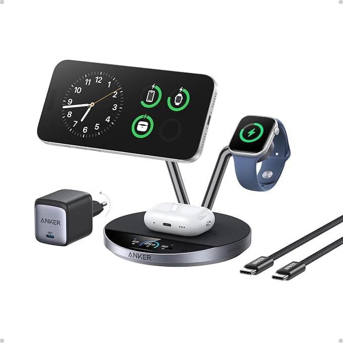Anker Prime MagSafe Compatible Charging Dock, 3-in-1 Charging Dock, 25W Qi2 Certification, Smart Screen, Active TEC Cooling, for iPhone 17, Apple Watch, AirPods and More