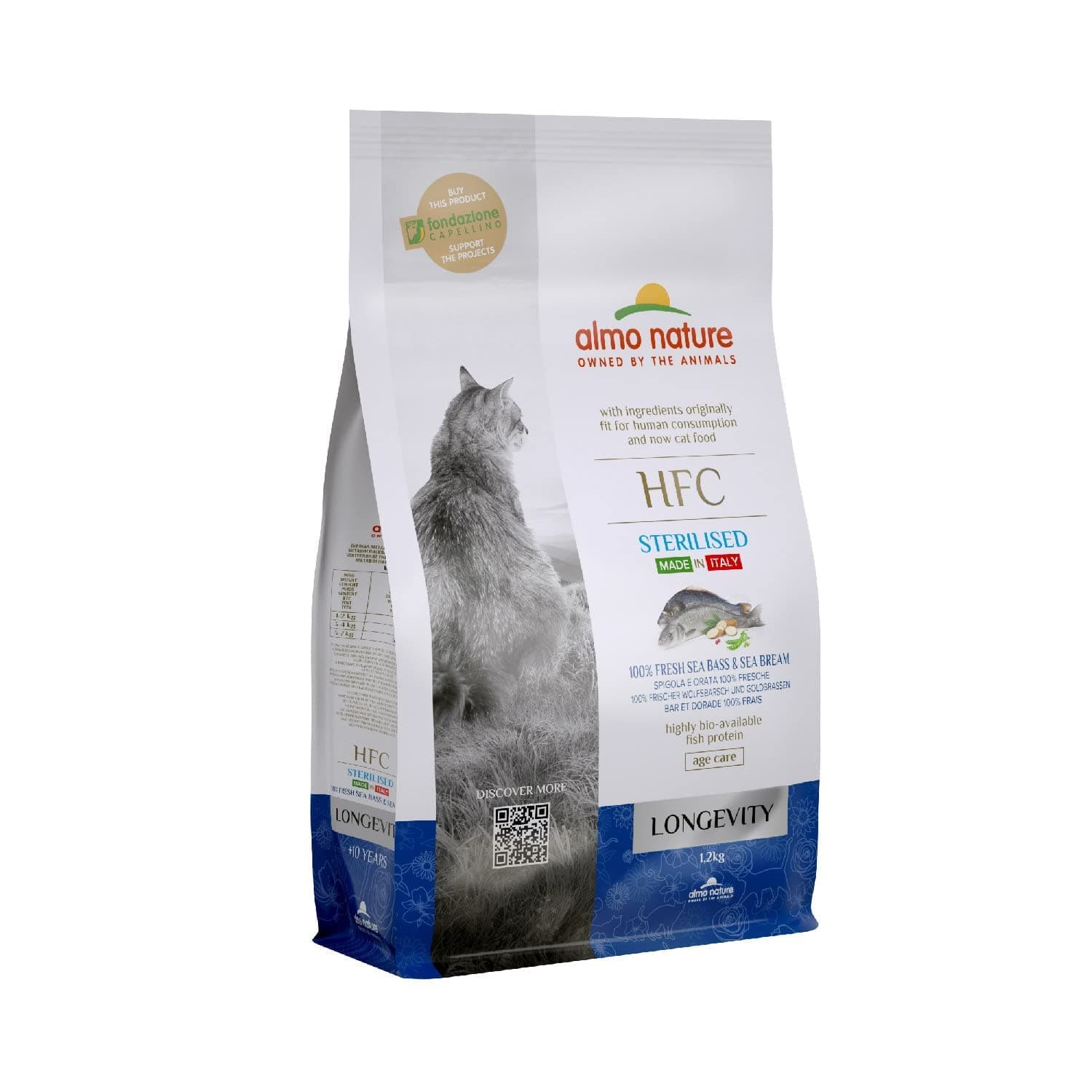 Almo Nature HFC Longevity Sterilised - Croquettes pour Chats avec Bar et Dorade à l'origine Propres à la consommation Humaine et désormais utilisés comme Aliments pour Chats.