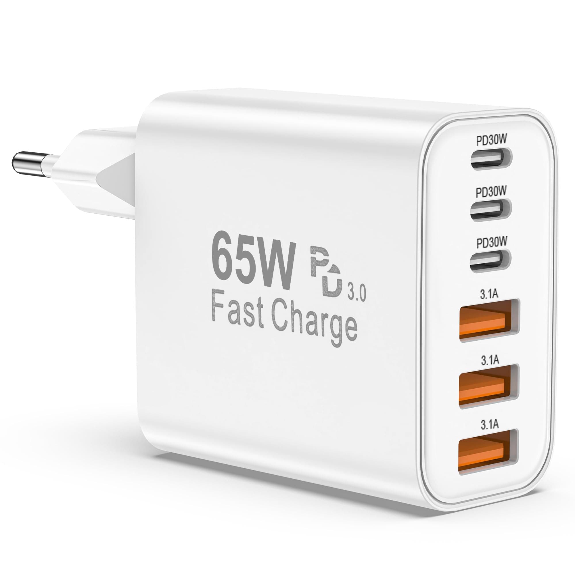 Chargeur USB C, 65W 6 Port Prise USBC Chargeur Rapide iPhone, Multiple Secteur Double PD+QC 3.1A Type C Adaptateur pour iPhone 17 16 15 14 13 12 11 Plus Pro Max X XS XR 8 7 SE, pour iPad,pour Samsung - Image 1