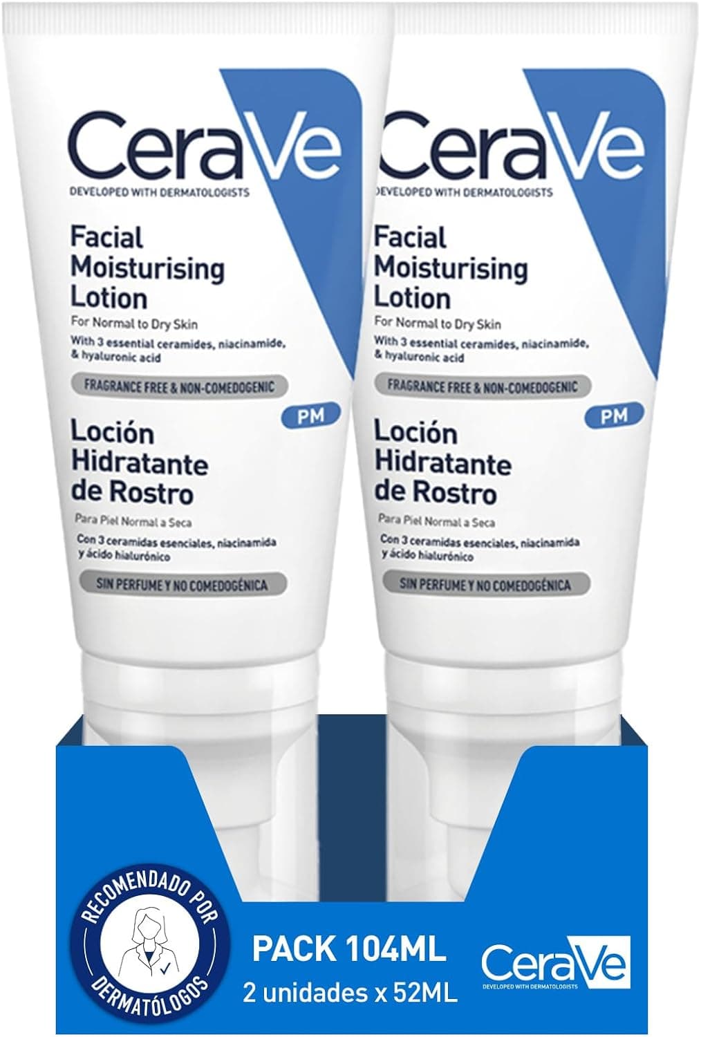 CeraVe, PM Lot de 2 lotions hydratantes pour le visage 52 ml pour peaux normales à sèches, hydrate et restaure la barrière protectrice de la peau, enrichie en essentiels