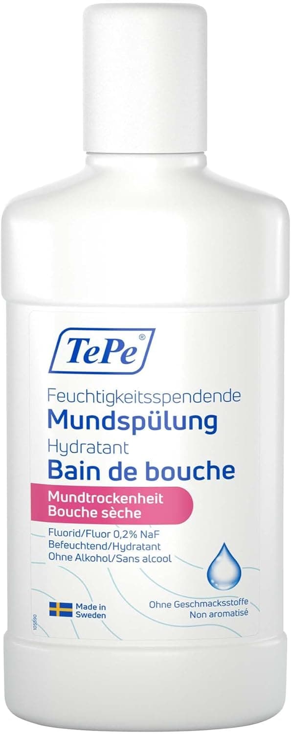 TePe Bain de bouche hydratant TePe bouche sèche, bain de bouche au fluor non aromatisé qui soulage la sensation de bouche sèche