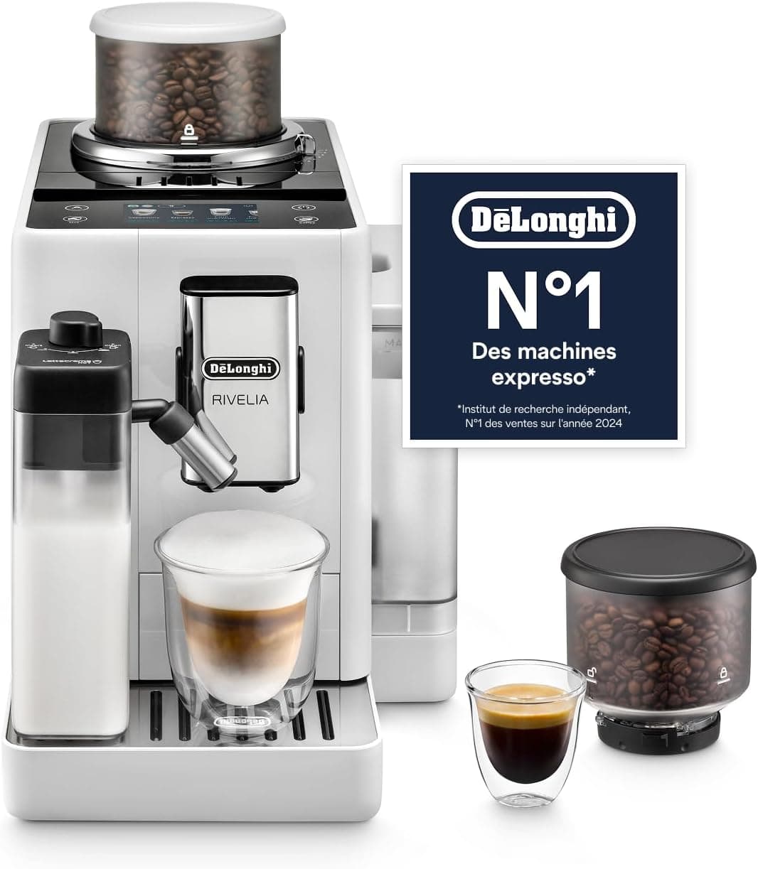 De’Longhi Rivelia - Perfetto Machine à Café Automatique avec LatteCrema Mousseur,16 Boissons Enregistrées, Écran Tactile Couleur, Réservoir à Grains Interchangeables, Blanc (EXAM440.55.W)
